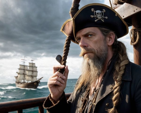 Rugged pirate at ship's helm with dramatic backdrop