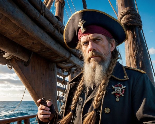 Weathered Pirate Captain on Ship Deck with Ocean View