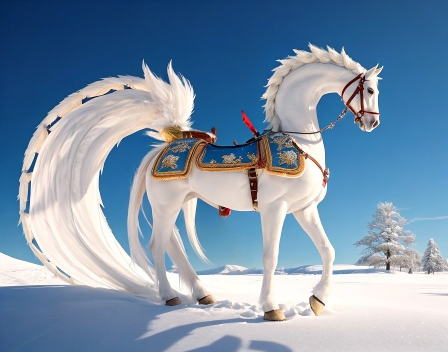 Majestic White Horse in Snowy Landscape with Saddle