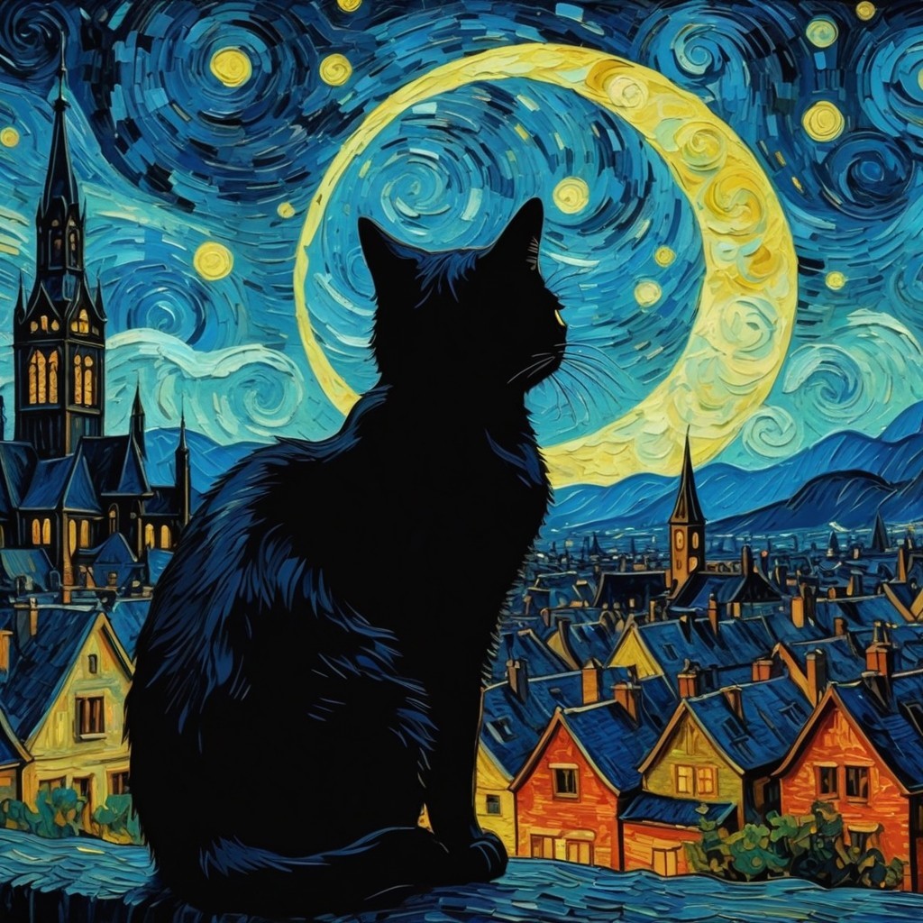 Whimsical Night Sky with Moon and Colorful Town