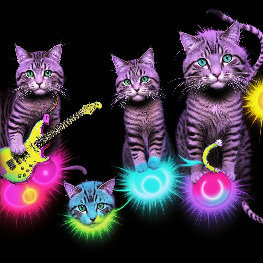 Whimsical Scene of Striped Cats with Guitar and Orbs