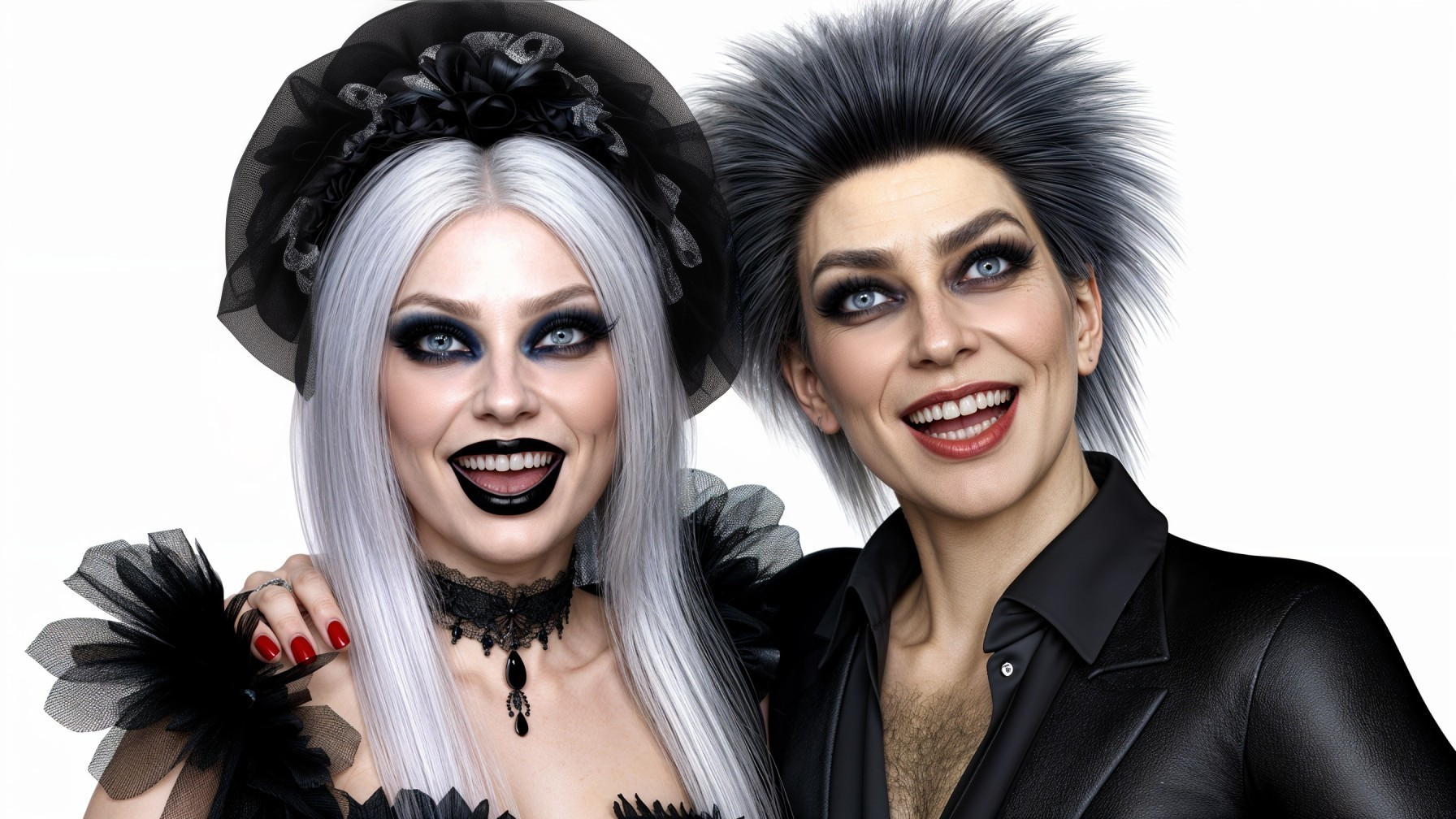 Stylish Duo with Striking Hair and Makeup Features