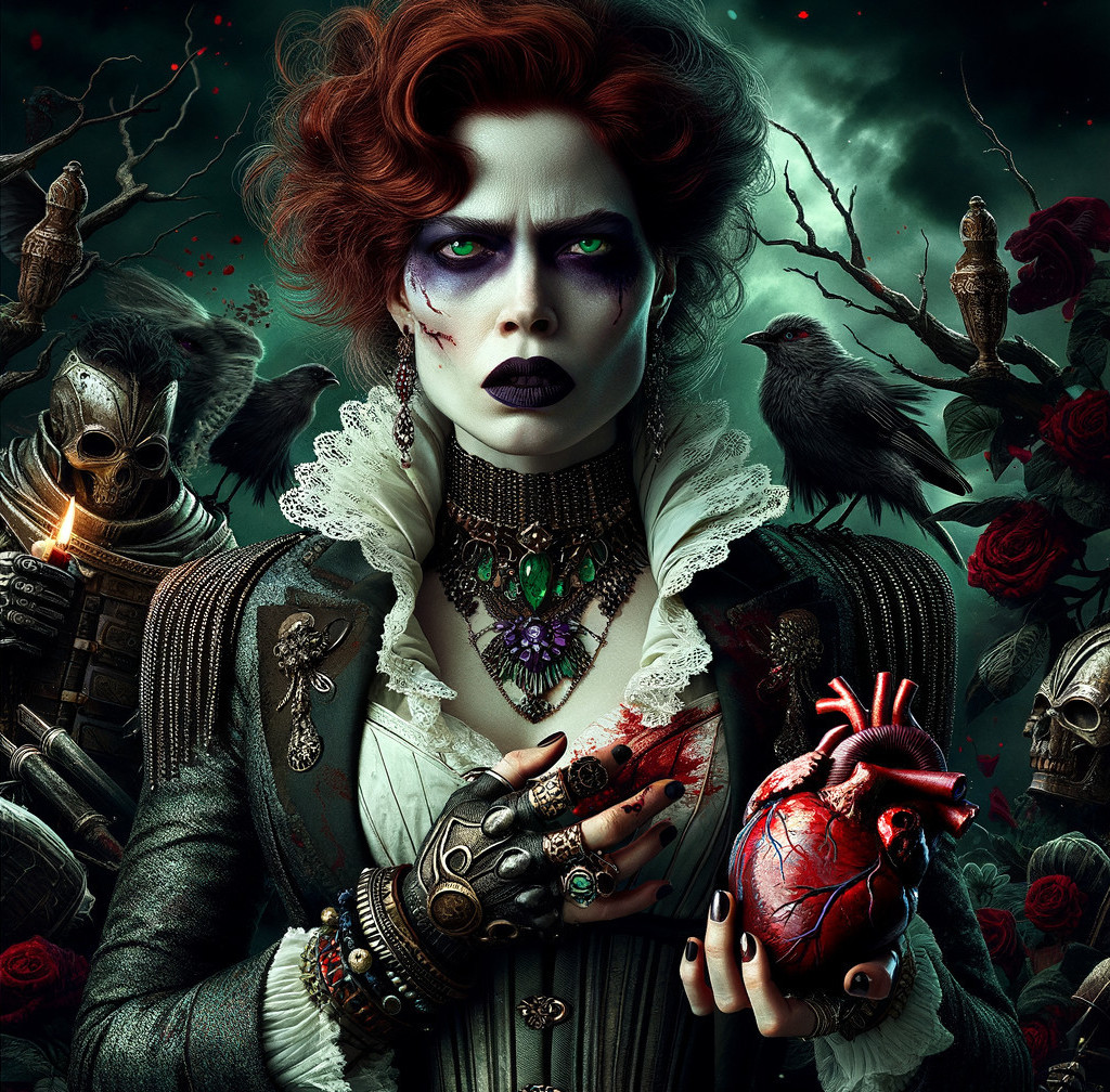 Gothic Figure with Red Hair and Blood-Stained Heart