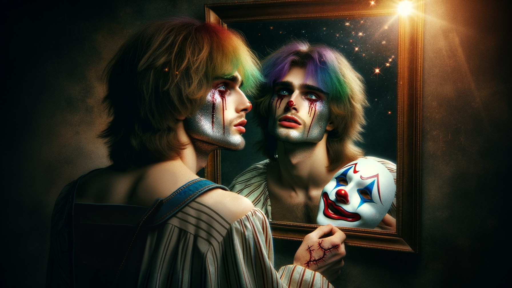 Young man with clown makeup and multicolored hair