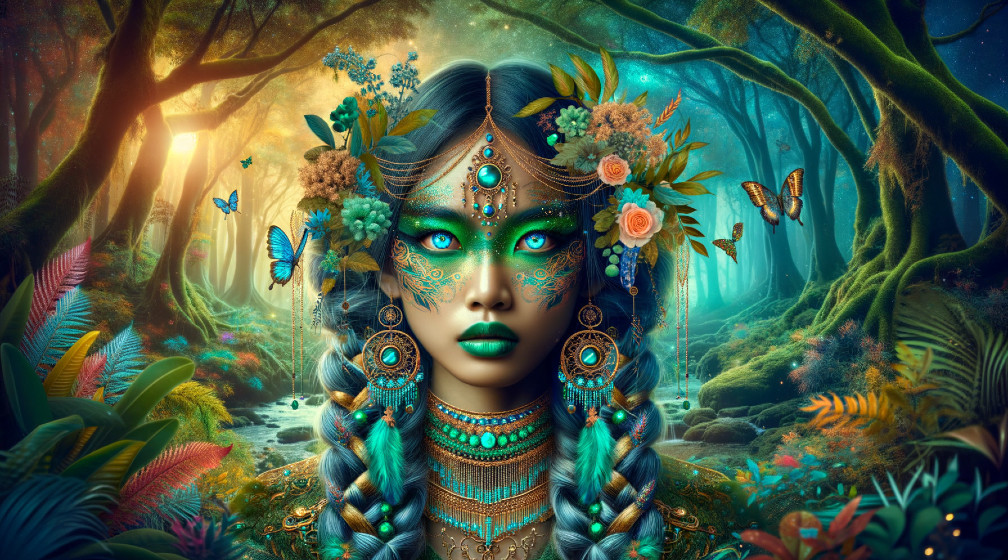Mystical Figure in Enchanted Forest with Vibrant Colors