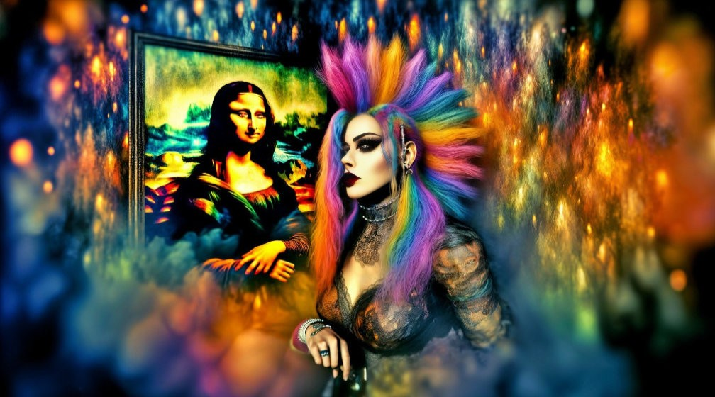 Vibrant Figure Next to Reimagined Mona Lisa Artwork