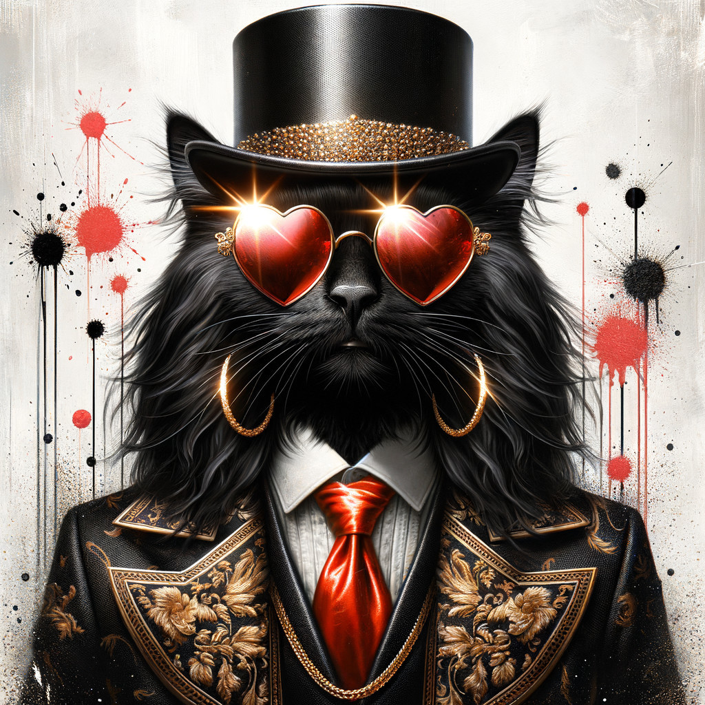 Fashionable Cat in Black Fur with Heart Sunglasses