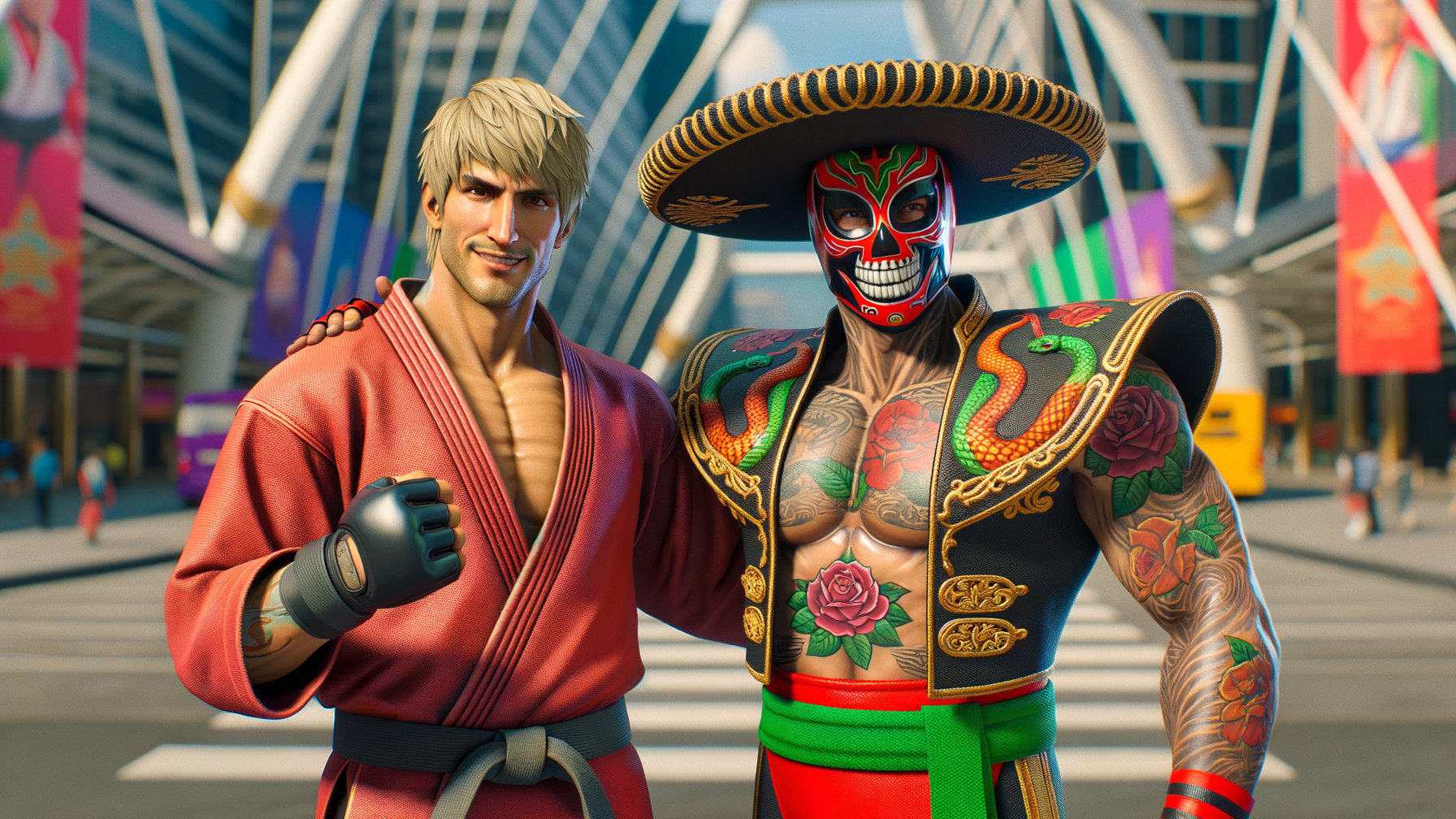 Muscular Fighters in Urban Setting with Vibrant Background