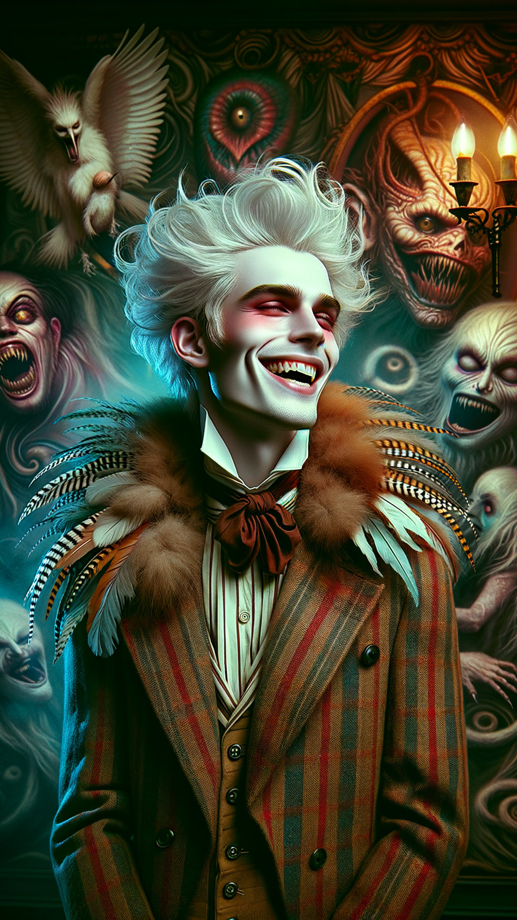 Flamboyant figure in patterned coat with eerie backdrop