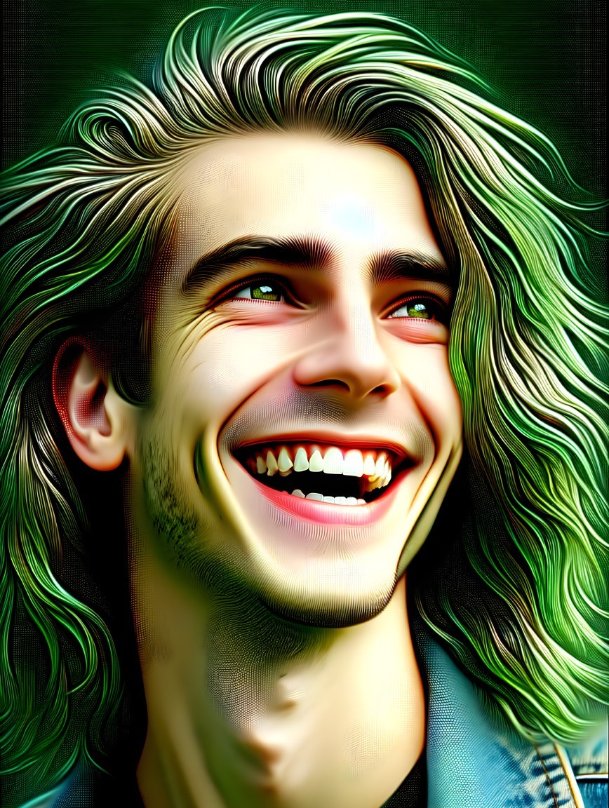 Digital portrait of a person with wavy hair and bright colors