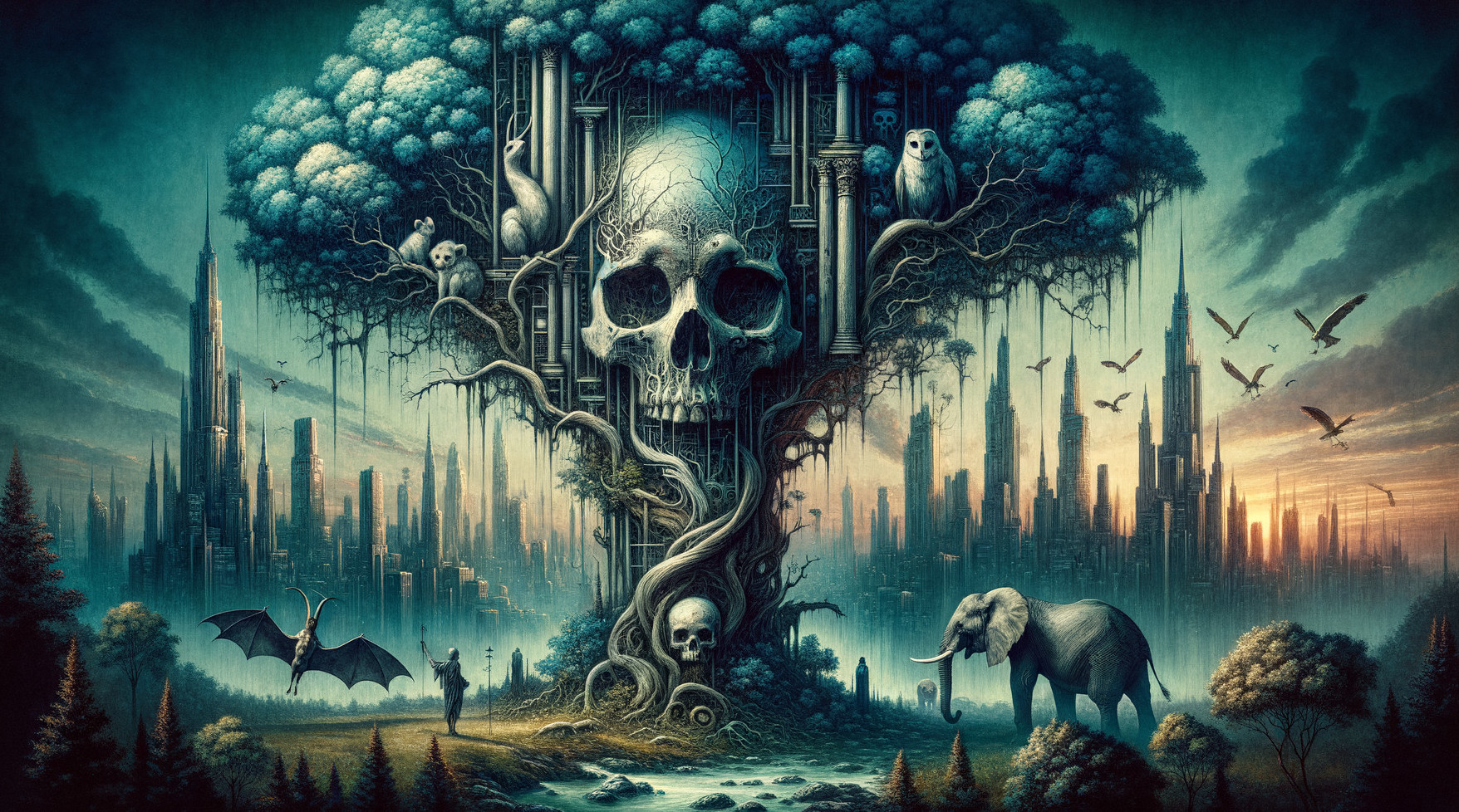 Surreal Landscape with Skull, Tree, and City Skyline