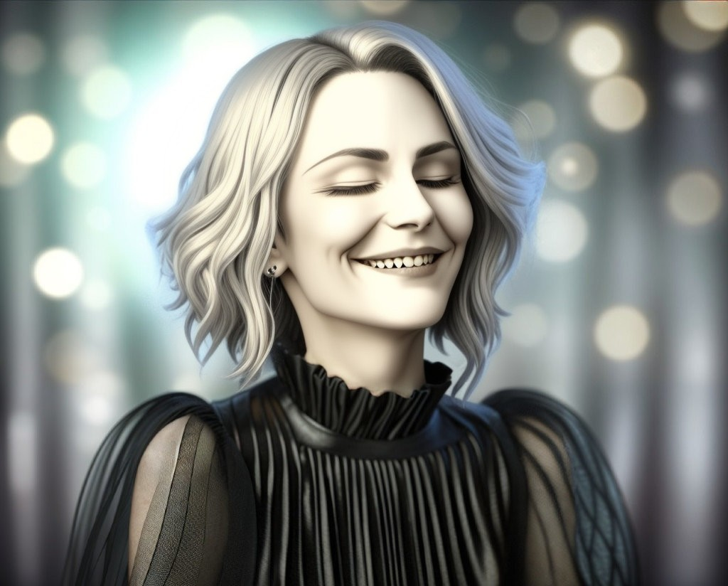 Woman with short blonde hair in ruffled black top