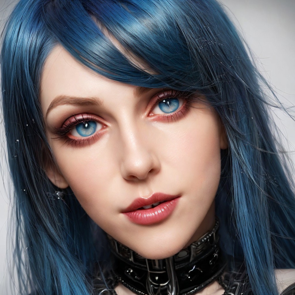 Close-up of a young woman with blue hair and eyes