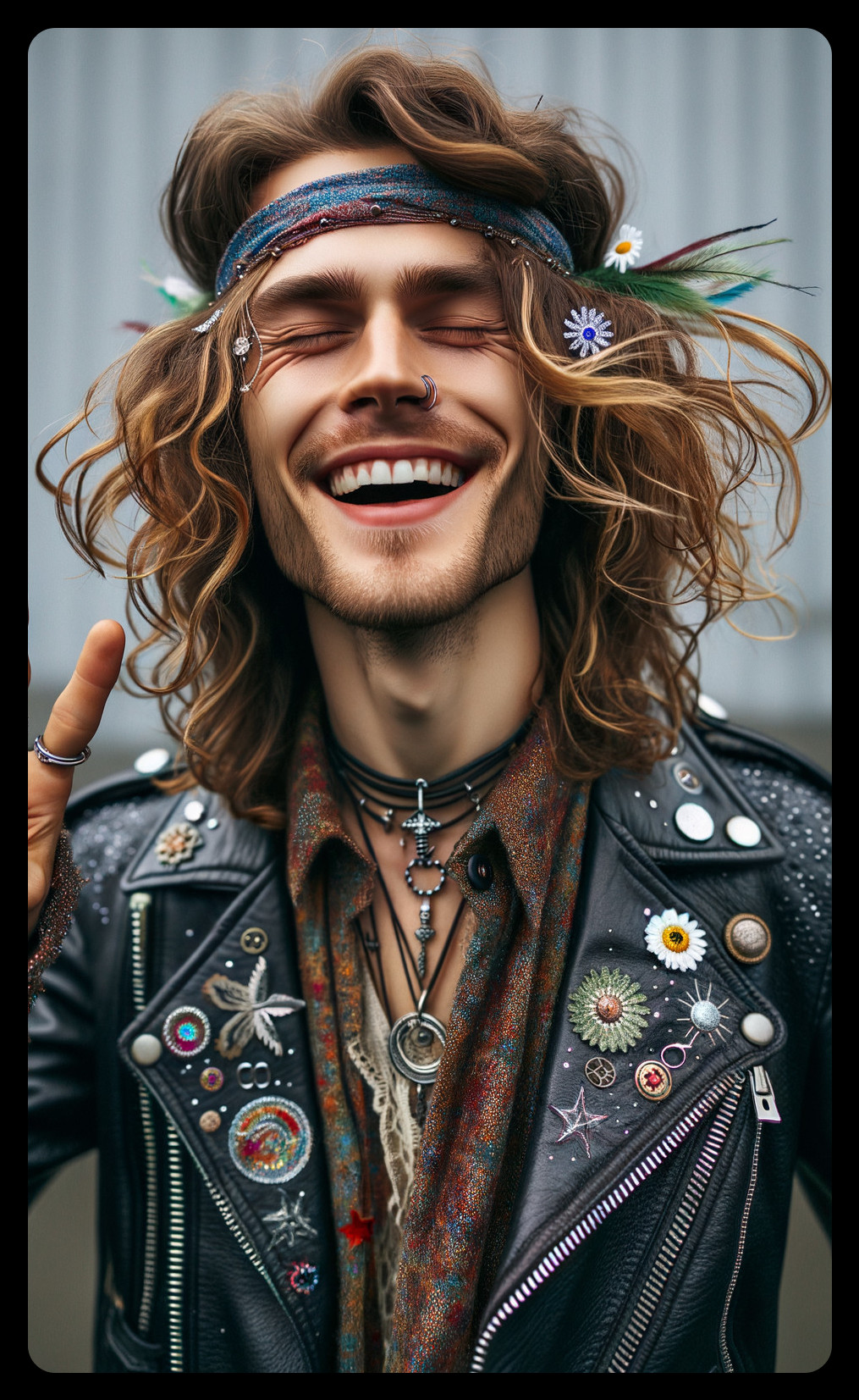 Joyful Young Man in Colorful Accessories and Leather Jacket