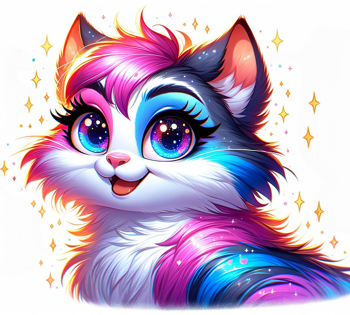Whimsical Colorful Cat with Starry Fur and Eyes