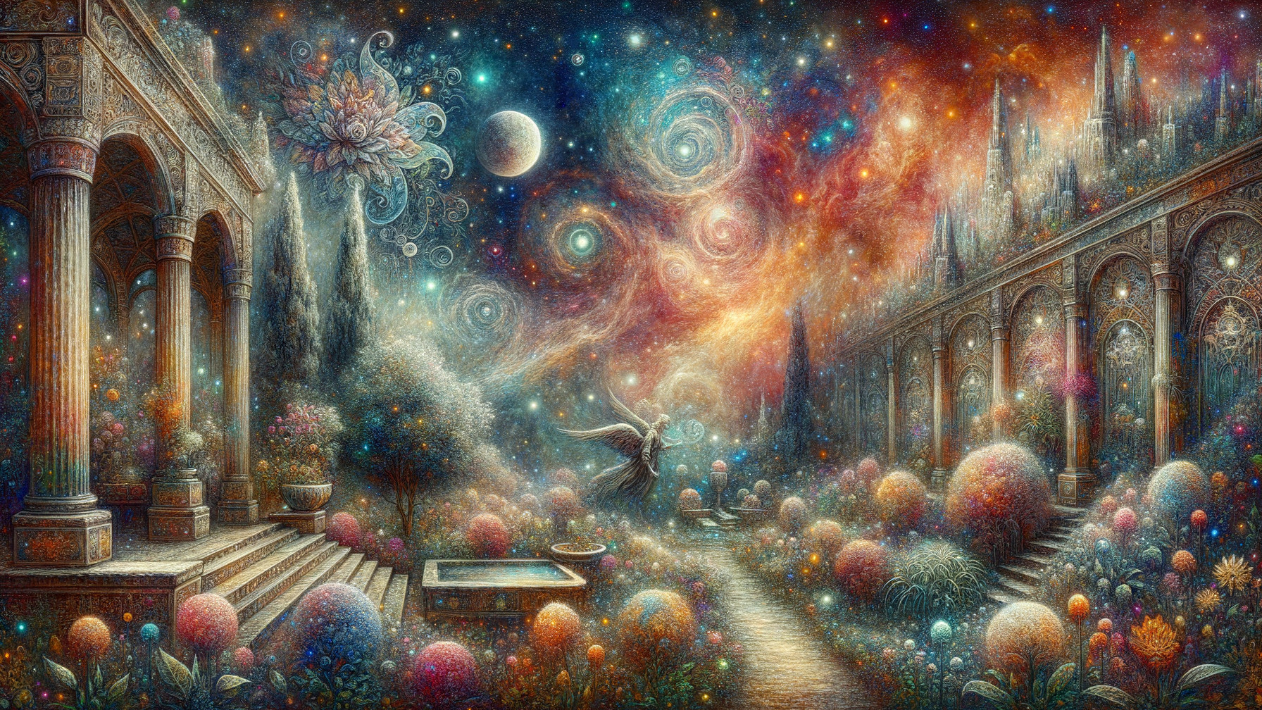 Surreal Landscape with Colorful Orbs and Ethereal Figures