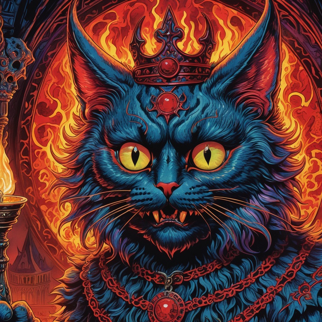 Regal Blue Cat Illustration with Fiery Background