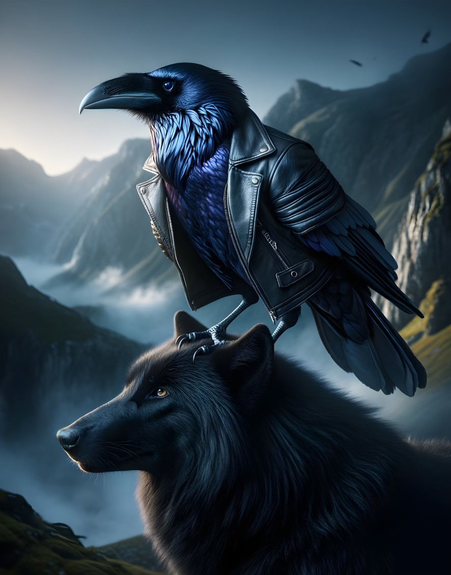 Majestic raven on sleek black wolf in misty mountains
