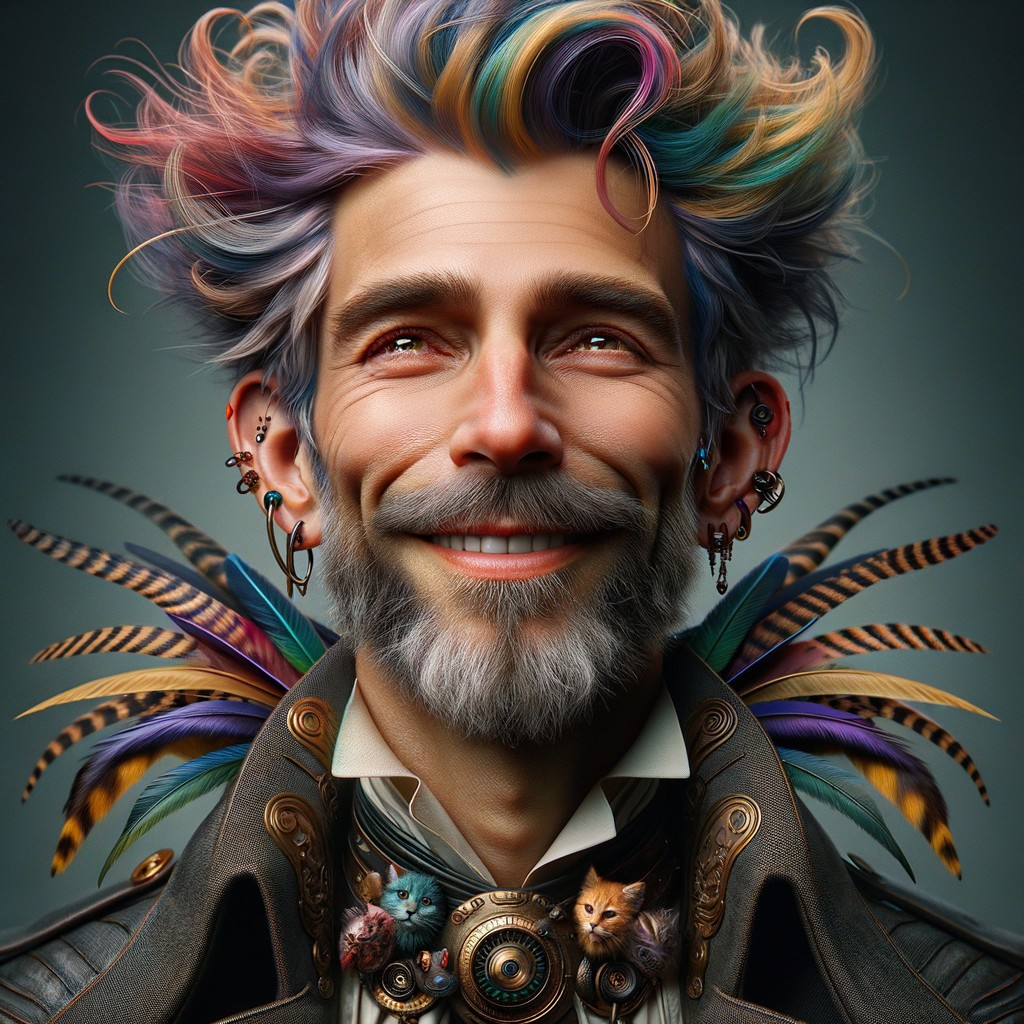 Charismatic man with vibrant multicolored hair and attire
