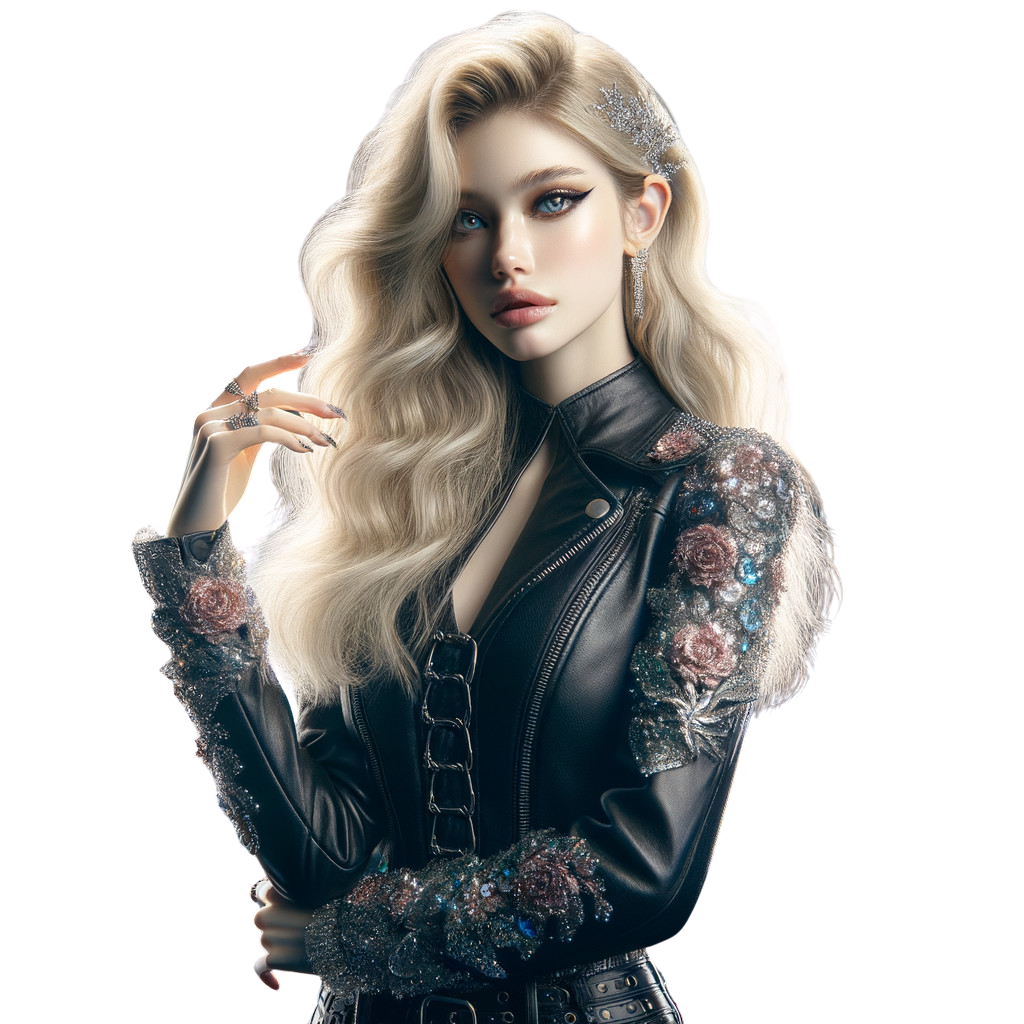 Stylish Character in Black Leather Jacket with Floral Design
