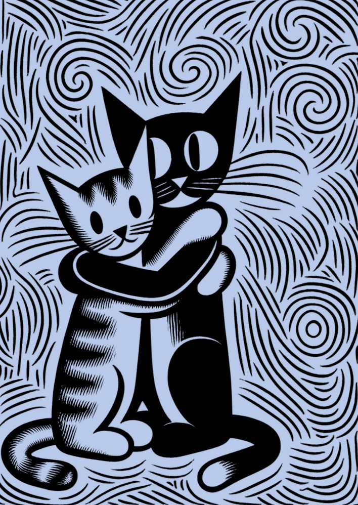 Stylized Cats Embracing on Whimsical Blue Background