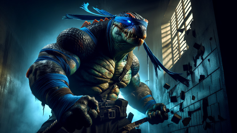 Muscular Anthropomorphic Turtle in Dimly Lit Alley