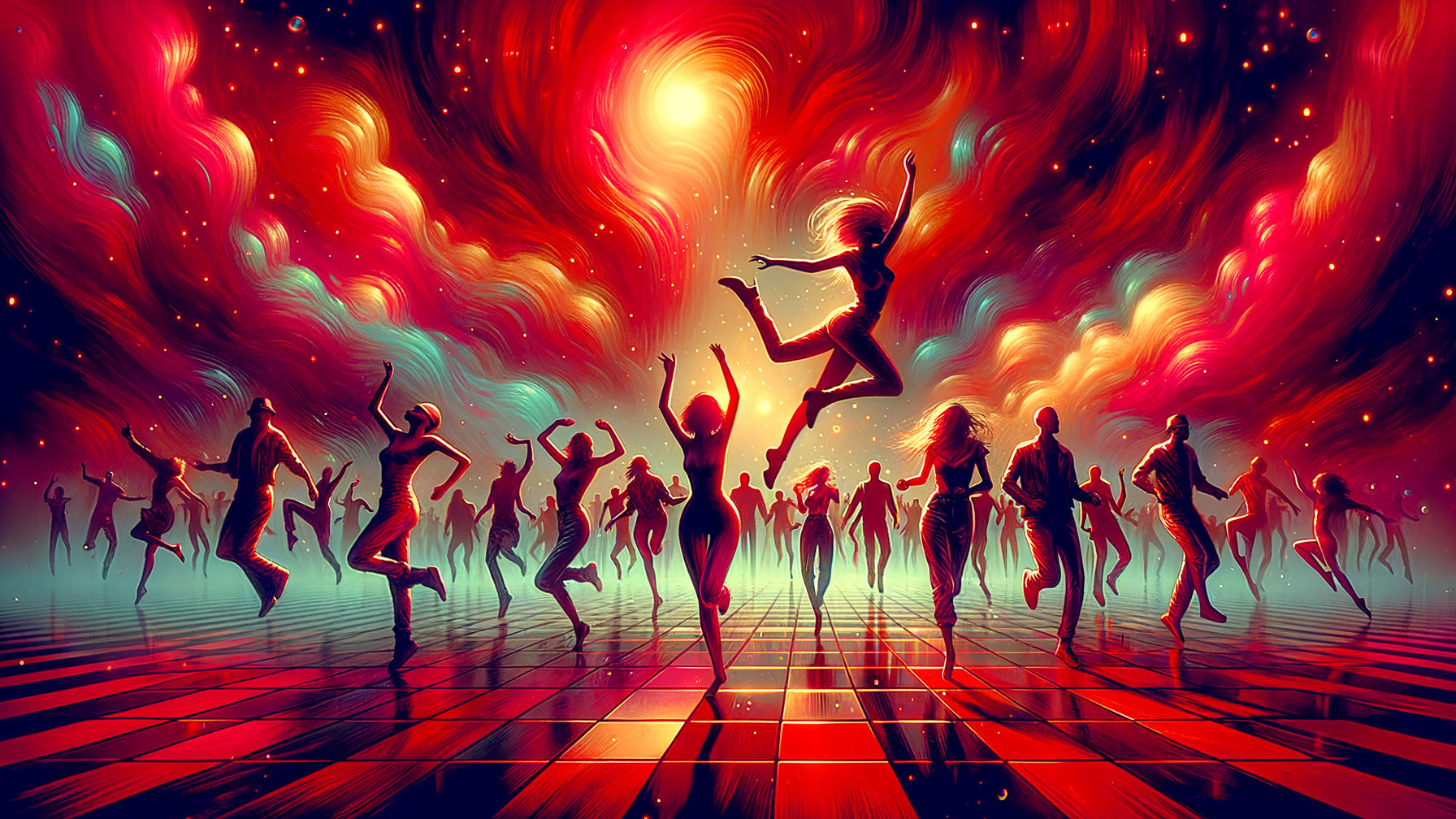 Vibrant Dance Scene with Silhouetted Figures and Colors