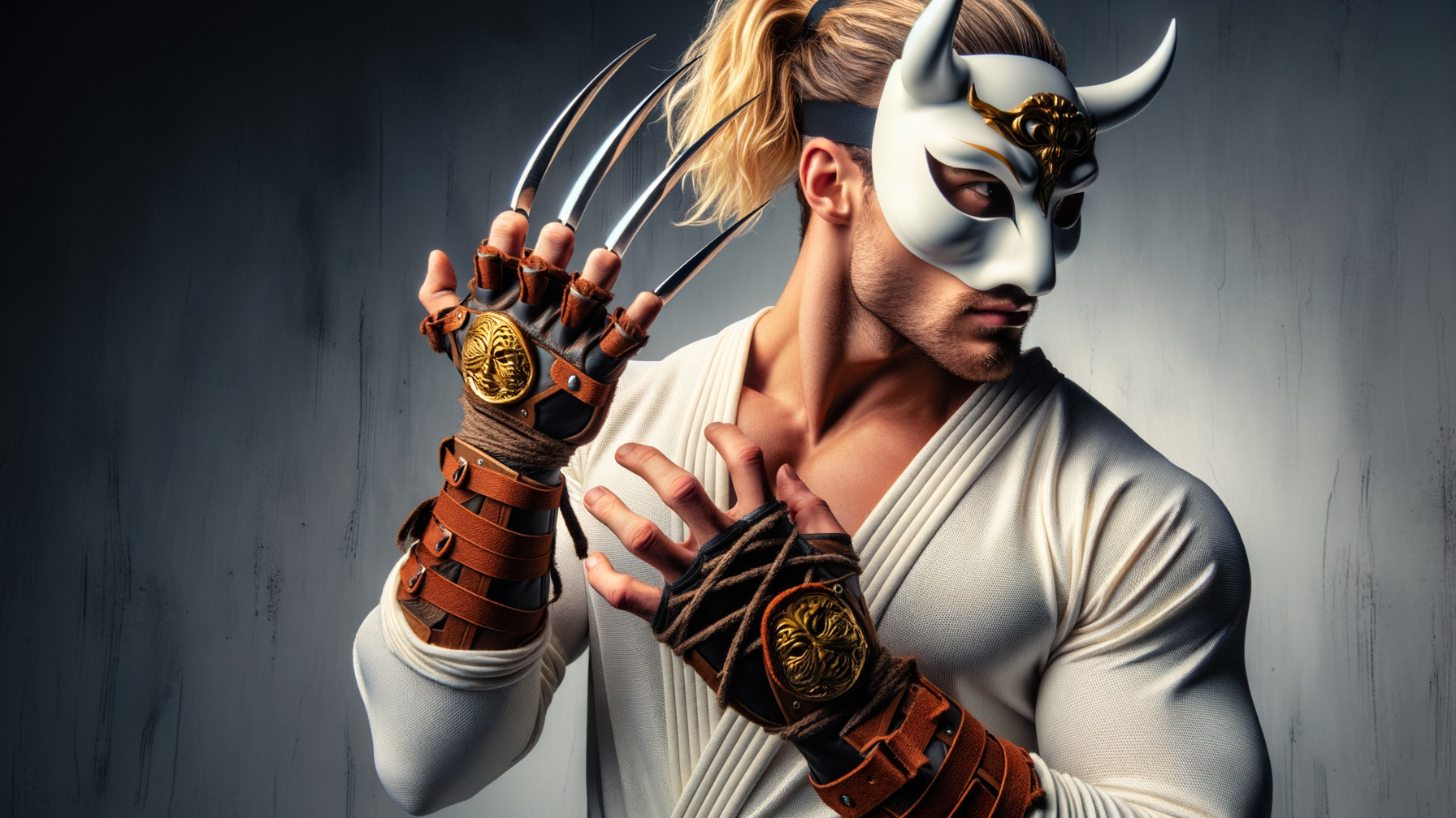 Muscular Figure in White Mask with Martial Arts Outfit
