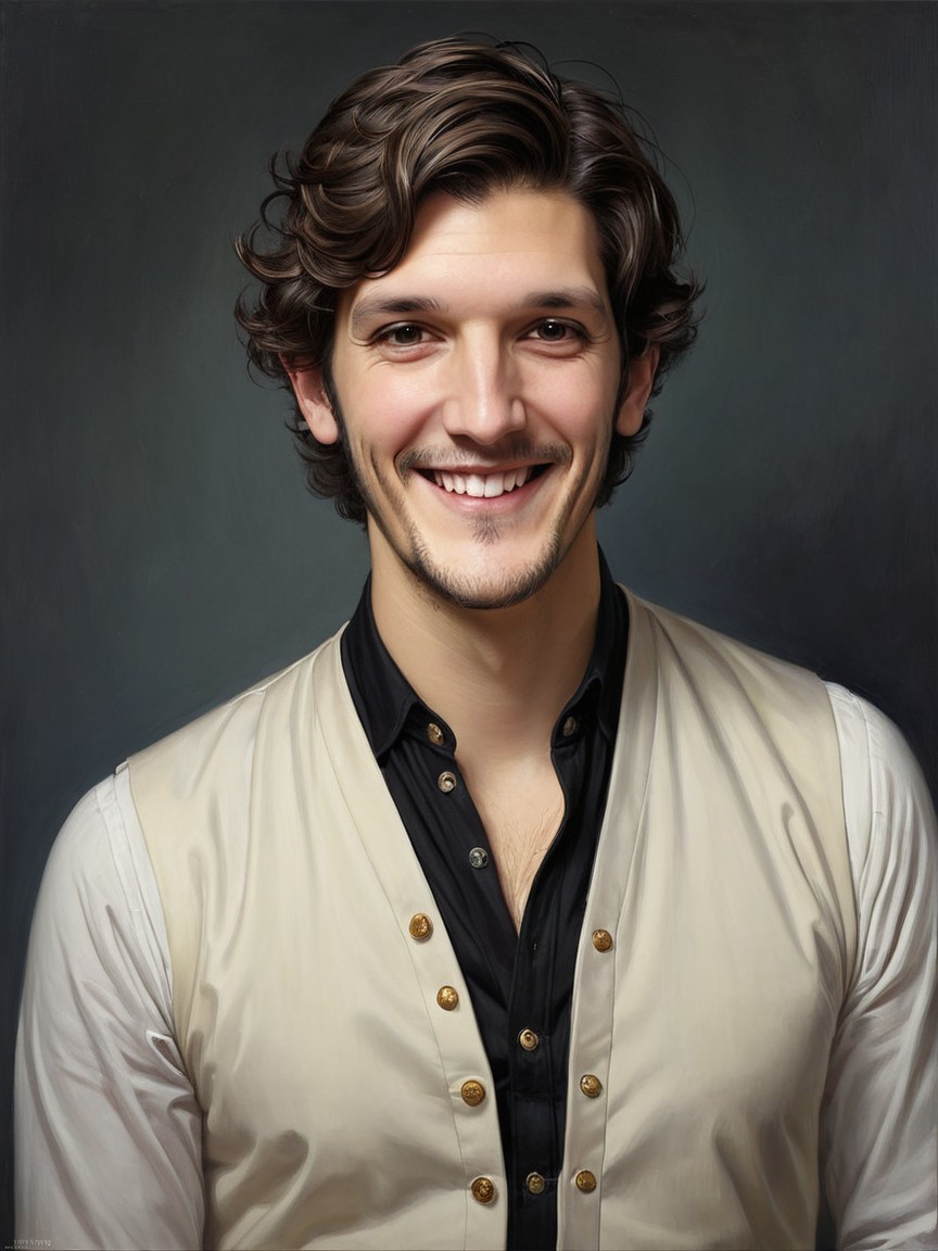 Young man with wavy hair in stylish vest and smile