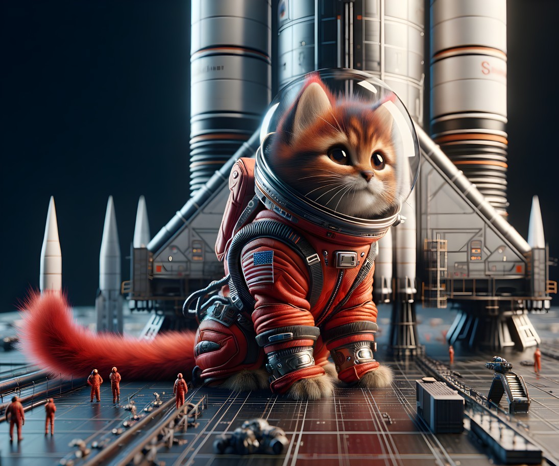 Fluffy Orange Cat in Space Suit by Rocket Launchpad