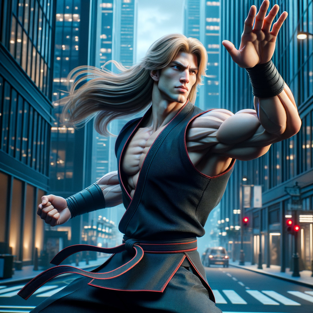 Martial Artist in Action Pose on City Street