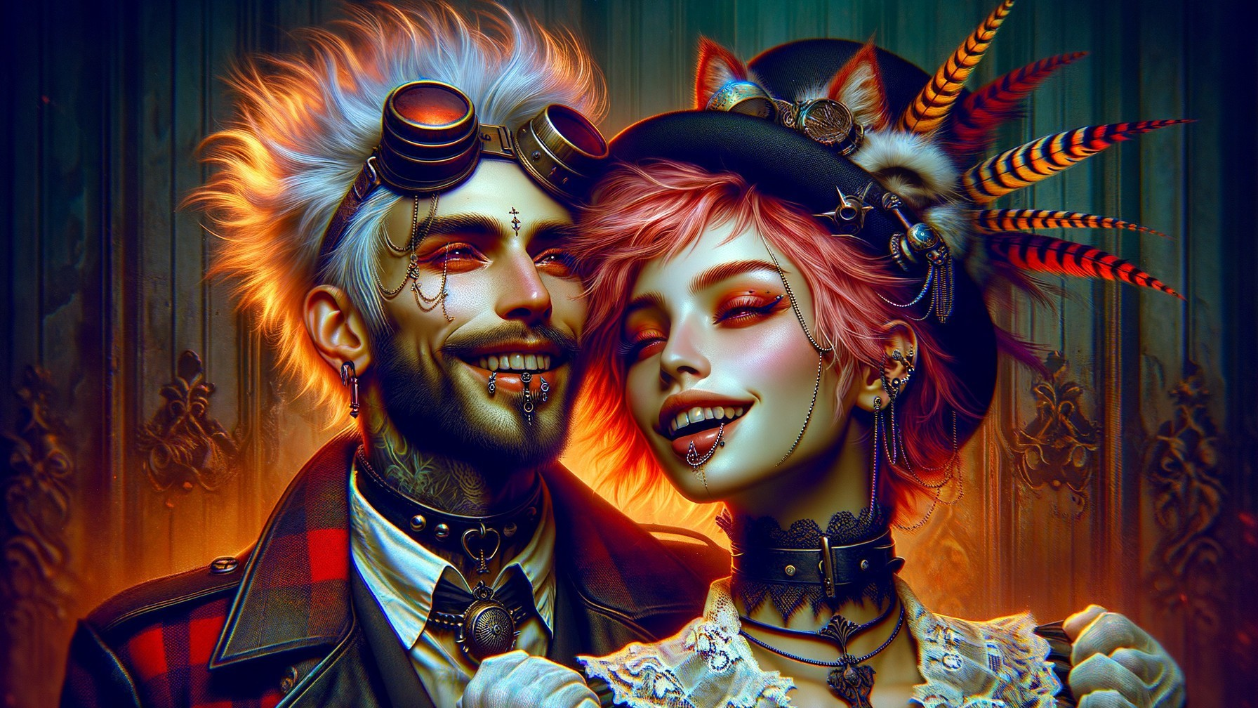 Vibrant Steampunk Couple in Fantastical Setting