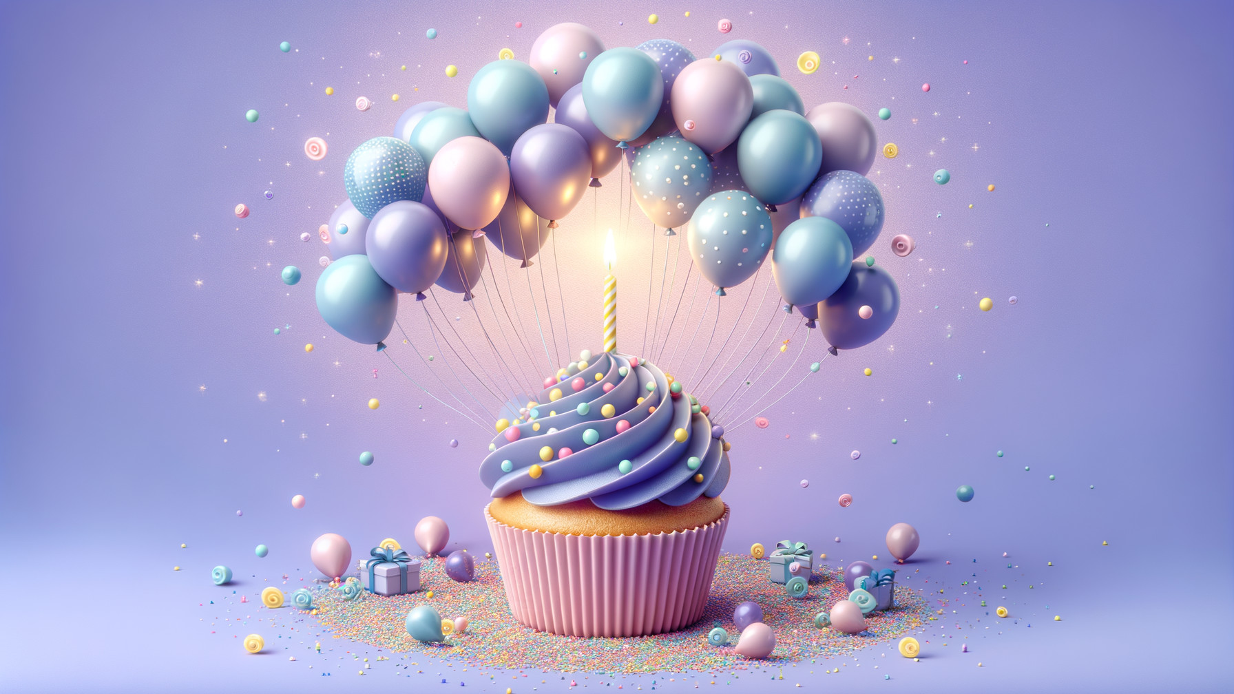 Whimsical Birthday Scene with Oversized Cupcake and Balloons