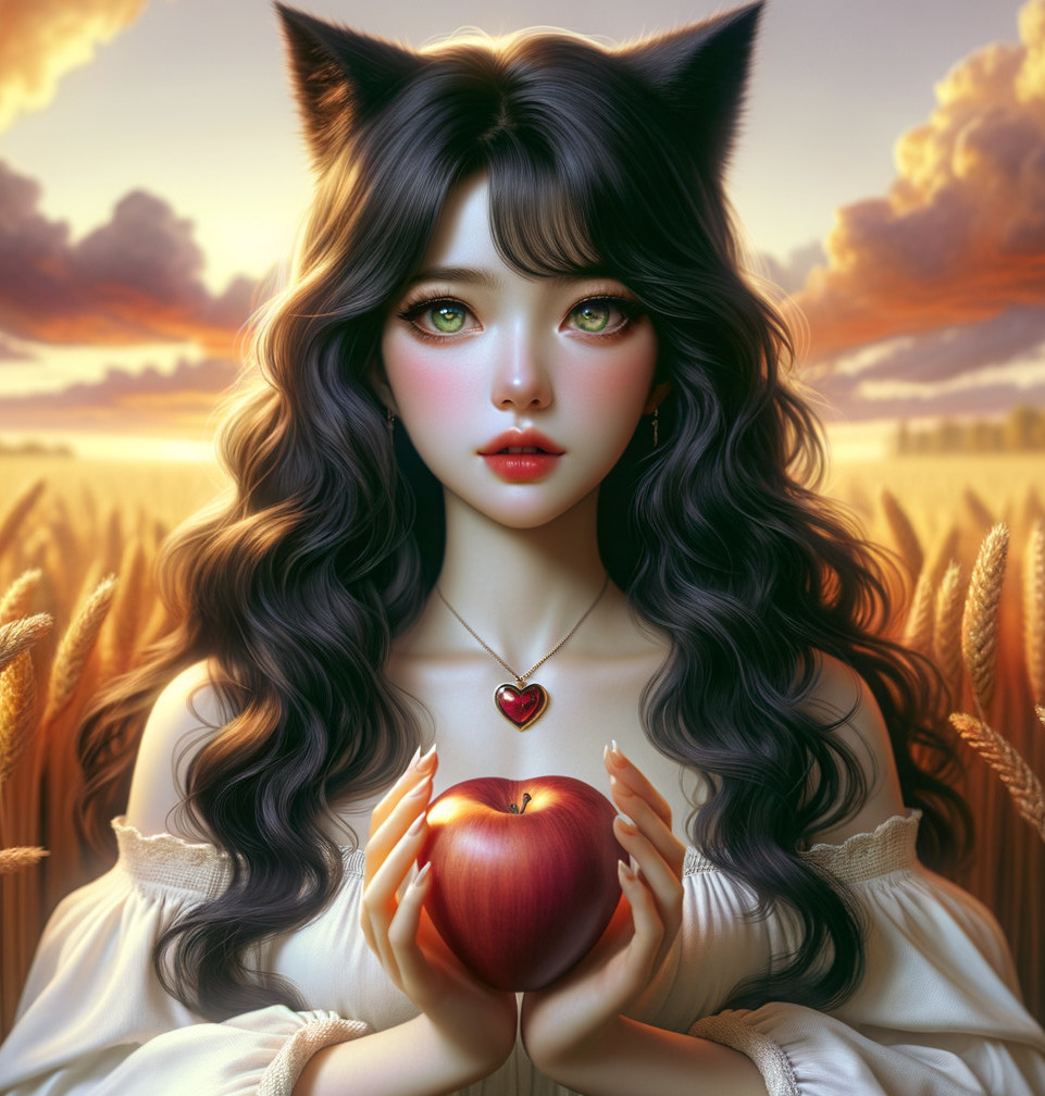 Girl with Cat Ears in a Wheat Field at Sunset