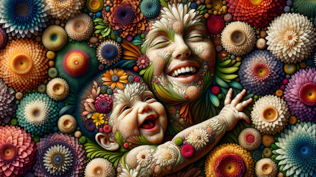 Intricate Artwork of Mother and Baby Amidst Flowers
