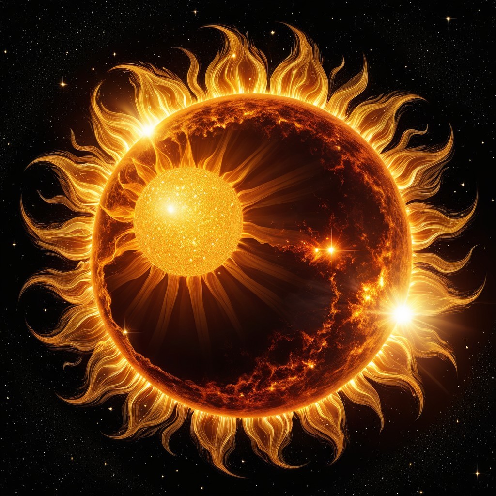 Radiant Sun with Fiery Flares in Cosmic Backdrop