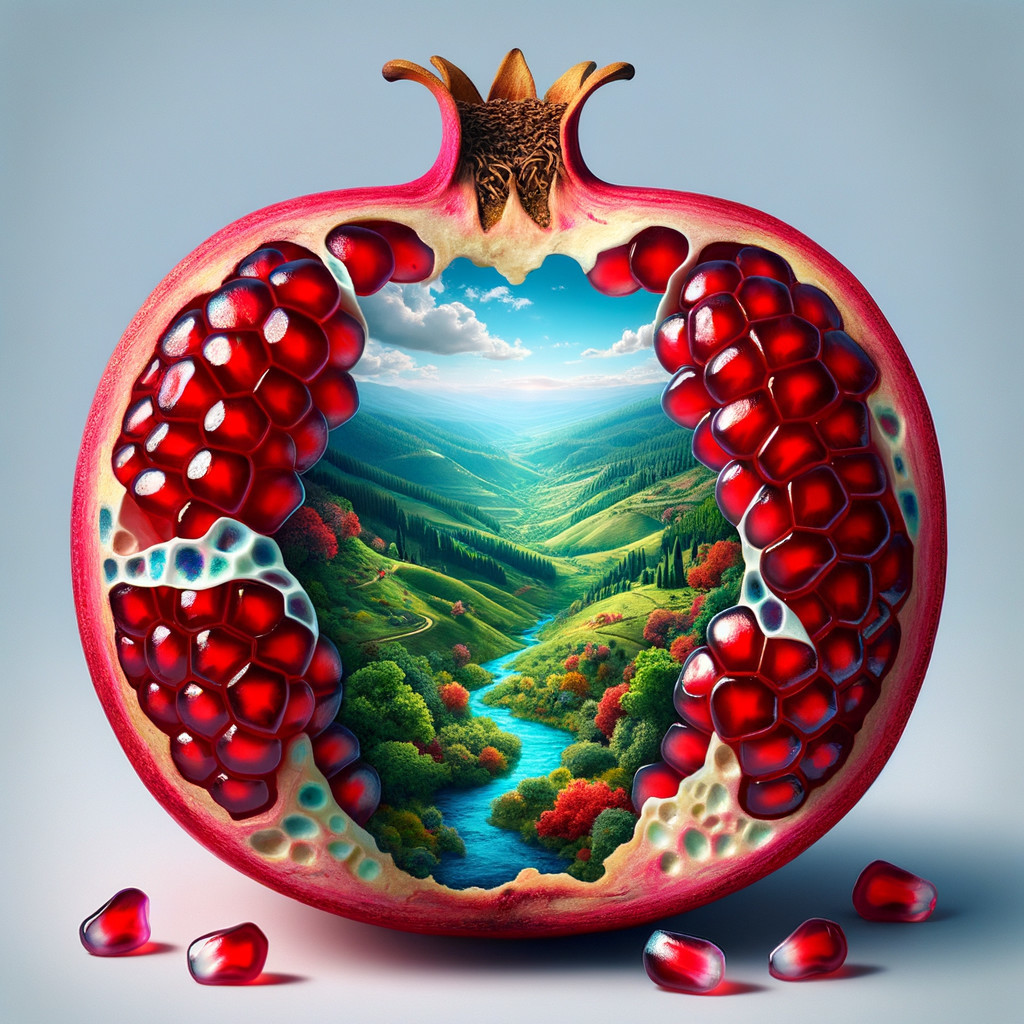 Pomegranate Halved Revealing Tranquil Landscape