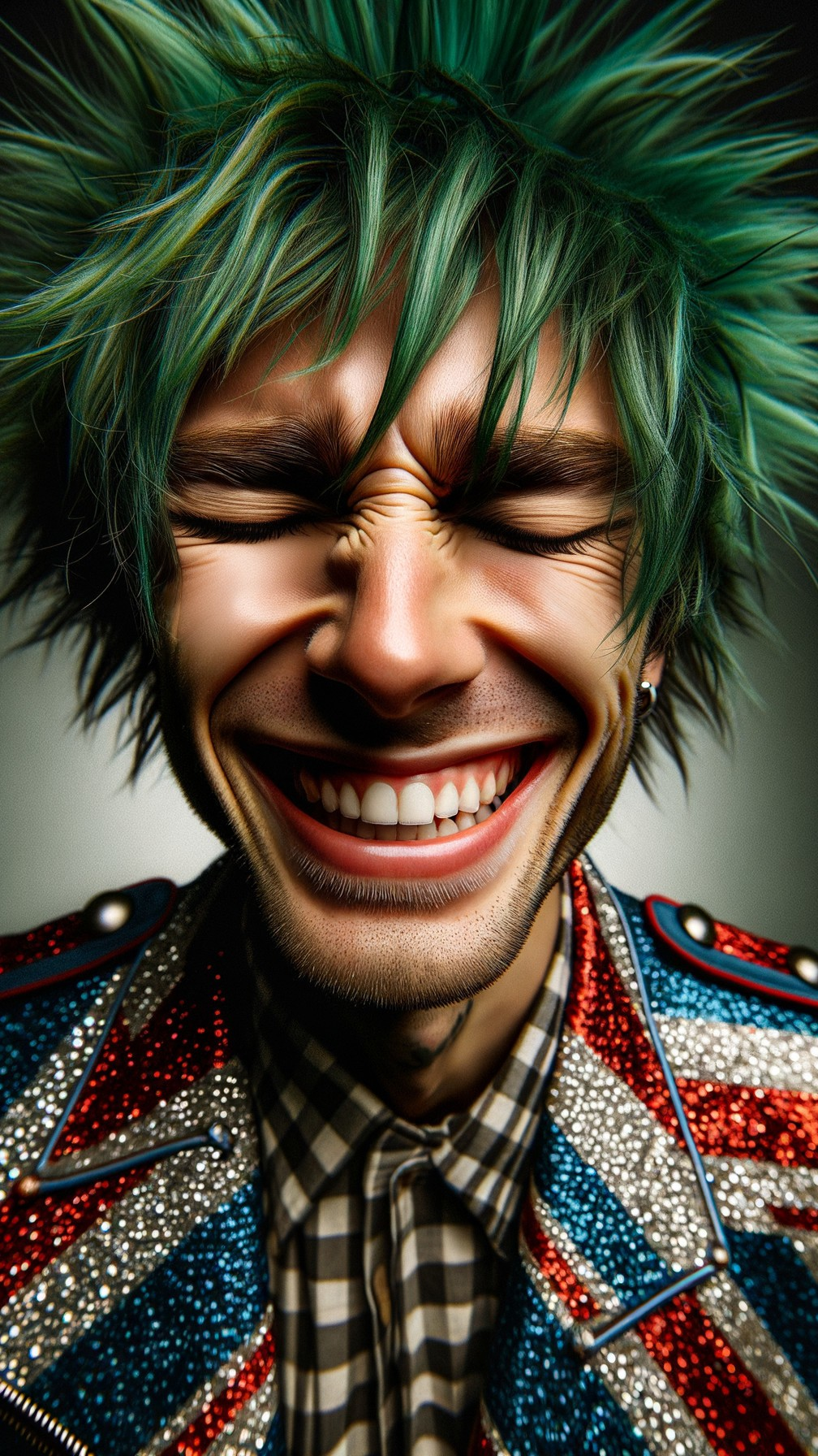 Vibrant Green Spiky Hair and Colorful Jacket Display
