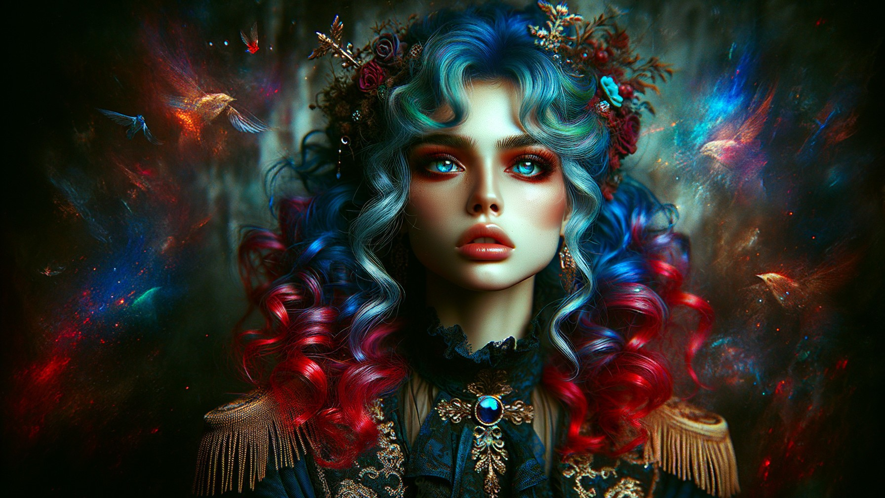 Vibrant Portrait of Woman with Colorful Hair and Flowers