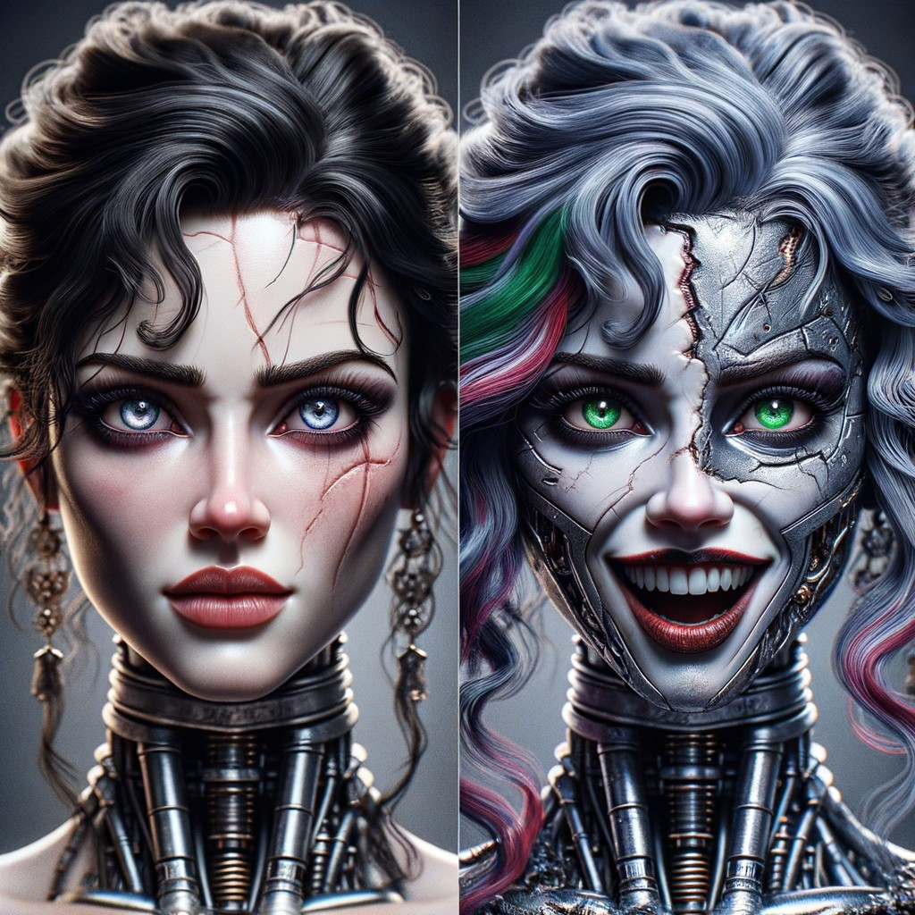 Dual-character portrait of a woman: human and robotic