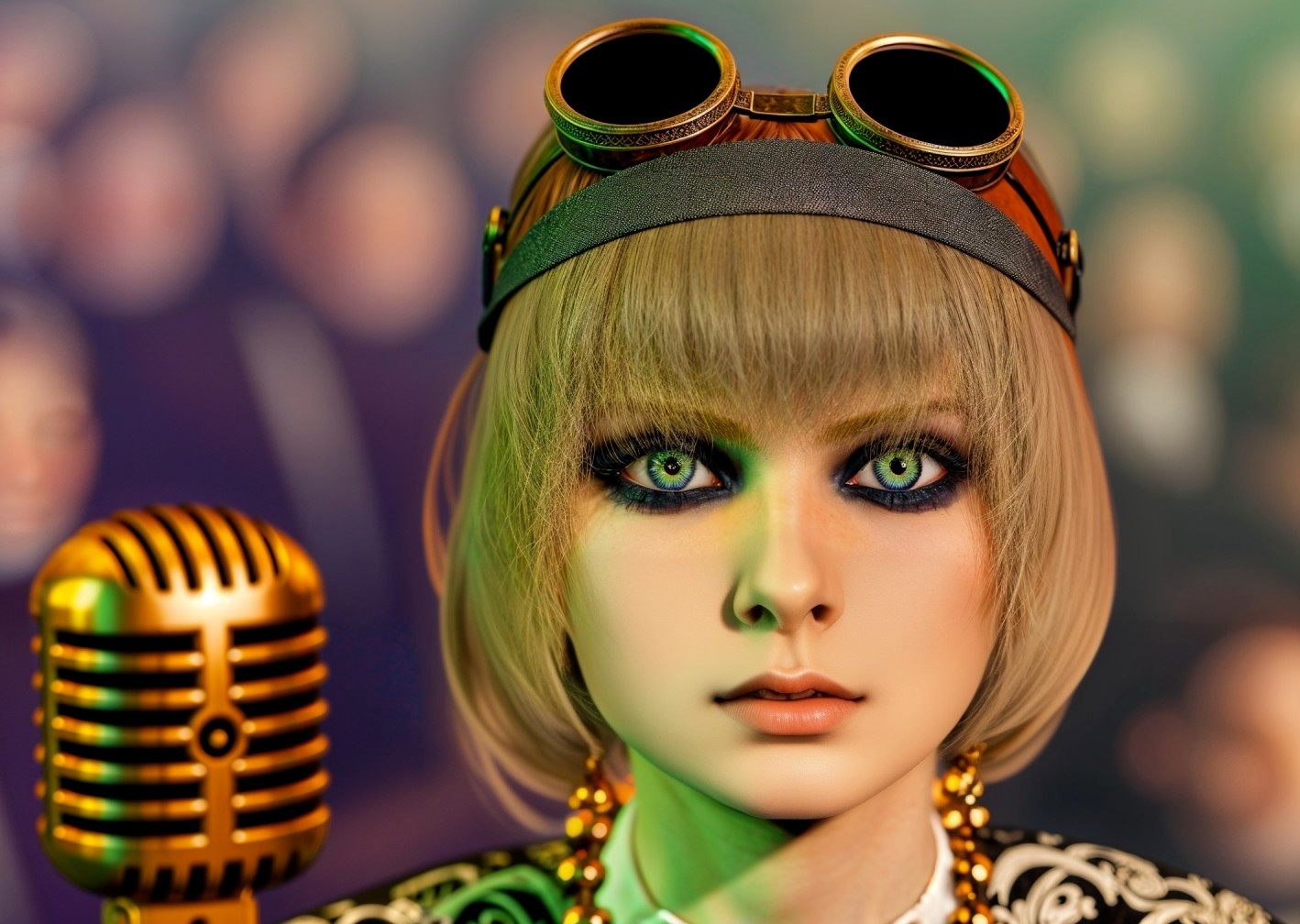 Stylized character with blonde hair and vintage microphone