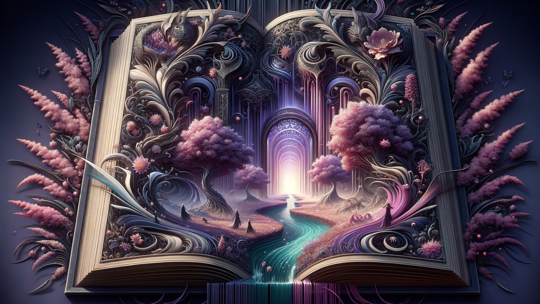 Open Book Illustrating a Surreal Landscape Scene
