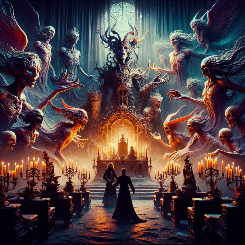 Eerie Chamber with Throne and Spectral Apparitions