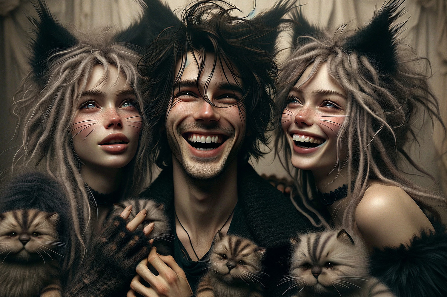 Joyful Trio with Cat Features Surrounded by Cats