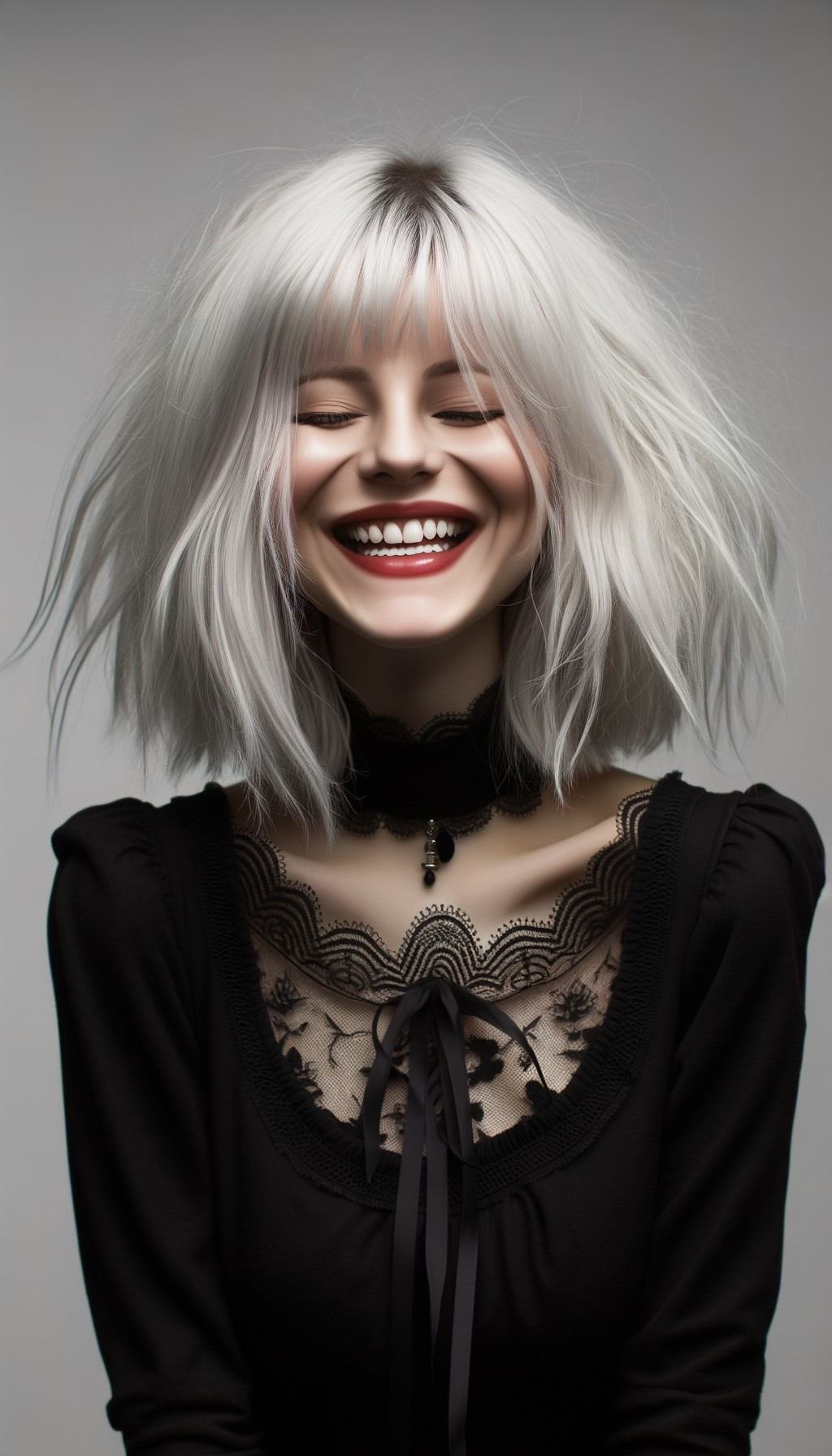 Joyful young woman with white-blonde hair and lace top