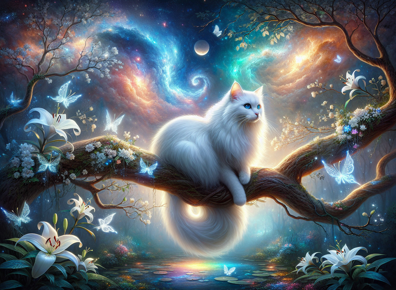 White Cat on Branch in Cosmic Dreamlike Scene