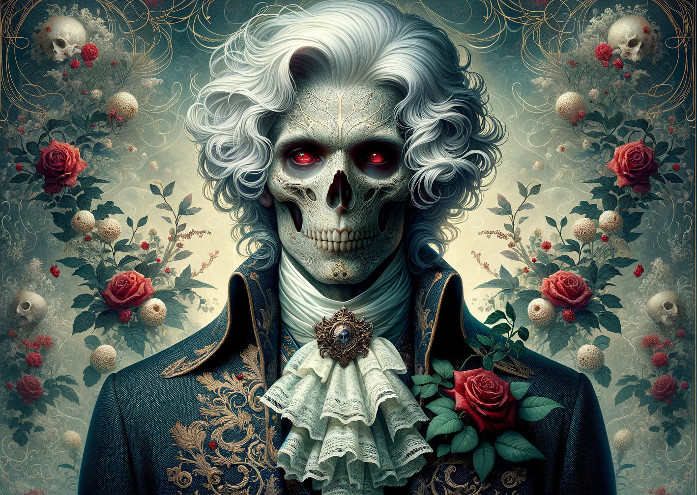 Portrait of a skeleton in ornate coat with red eyes