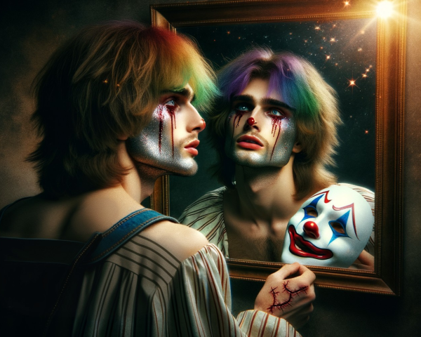 Young man with clown makeup and multicolored hair