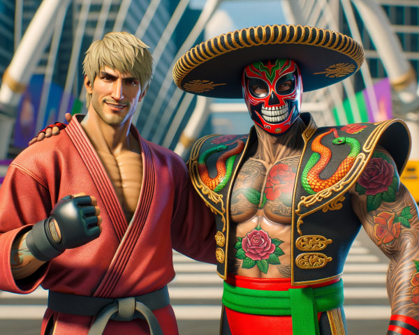 Muscular Fighters in Urban Setting with Vibrant Background