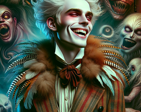 Flamboyant figure in patterned coat with eerie backdrop